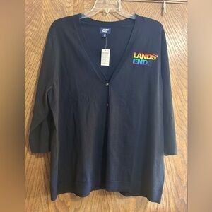 Lands’ End 2X black v-neck button up 3/4 sleeve cardigan with logo NWT
